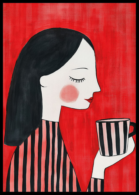 Ilustrație elegantă și caldă a unei femei care savurează o ceașcă de cafea pe un fundal roșu-12