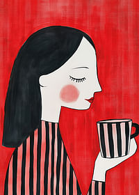 Ilustrație elegantă și caldă a unei femei care savurează o ceașcă de cafea pe un fundal roșu-3