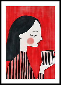 Ilustrație elegantă și caldă a unei femei care savurează o ceașcă de cafea pe un fundal roșu-0
