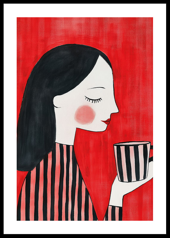 Ilustrație elegantă și caldă a unei femei care savurează o ceașcă de cafea pe un fundal roșu-12