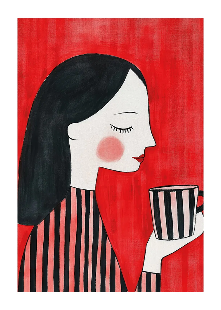 Stylish and warm illustration of a woman enjoying a cup of coffee against a red background-12