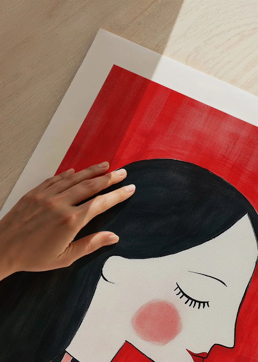 Stylish and warm illustration of a woman enjoying a cup of coffee against a red background-12