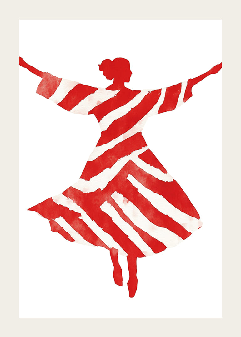 Siluetă dansantă în vârtejuri roșii și albe, plină de viață și mișcare-12