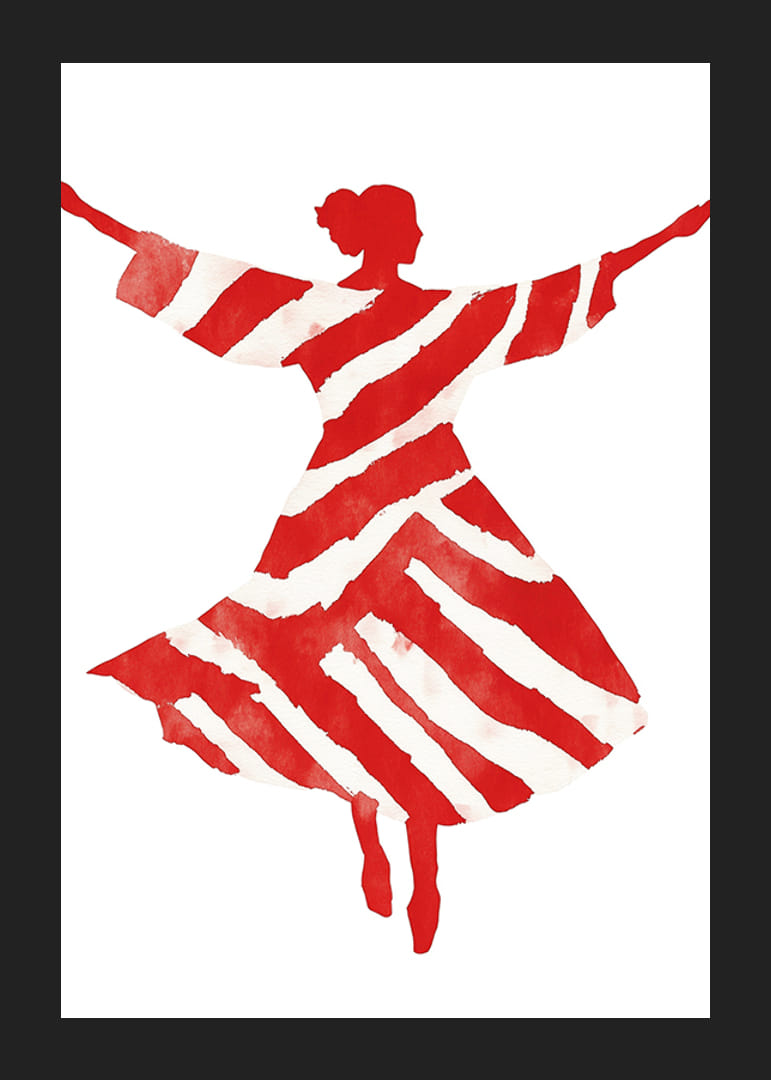 Siluetă dansantă în vârtejuri roșii și albe, plină de viață și mișcare-12