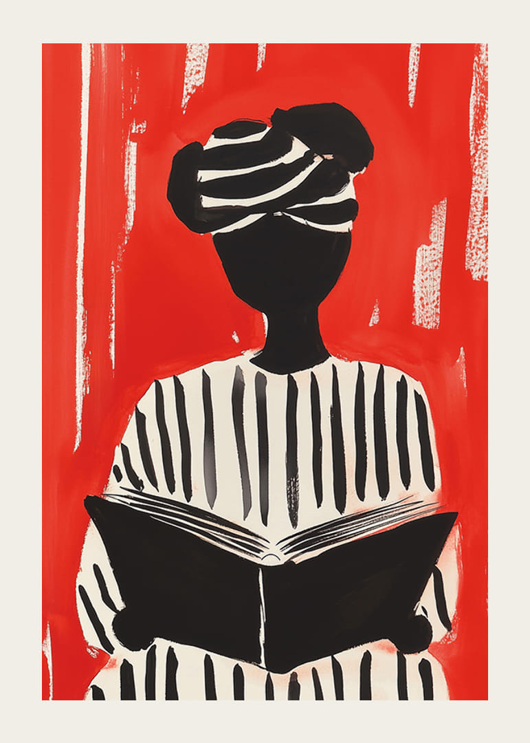 Motivo de silueta en blanco y negro con libro, sobre un fondo rojo intenso.-12