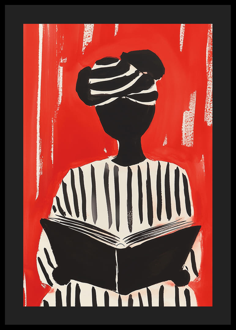Motivo de silueta en blanco y negro con libro, sobre un fondo rojo intenso.-12