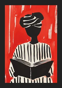 Black and white silhouette motif with book, against a bold red background-5