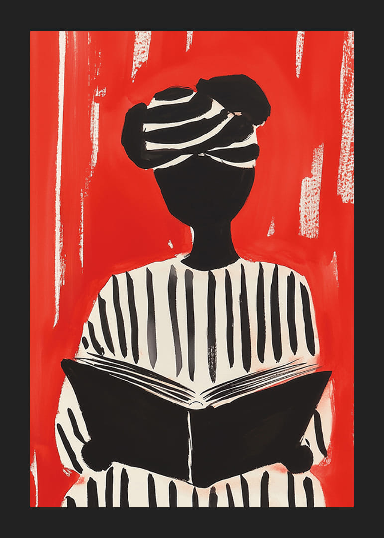 Motivo de silueta en blanco y negro con libro, sobre un fondo rojo intenso.-12