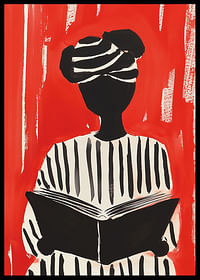Zwart-wit silhouetmotief met boek, tegen een opvallende rode achtergrond-2