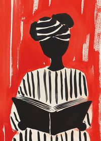 Zwart-wit silhouetmotief met boek, tegen een opvallende rode achtergrond-3