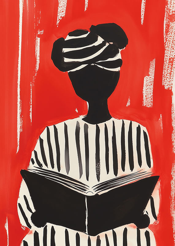 Zwart-wit silhouetmotief met boek, tegen een opvallende rode achtergrond-12