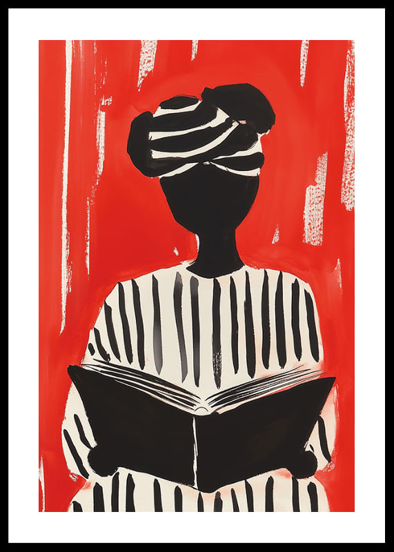 Zwart-wit silhouetmotief met boek, tegen een opvallende rode achtergrond-12
