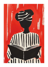 Zwart-wit silhouetmotief met boek, tegen een opvallende rode achtergrond-1