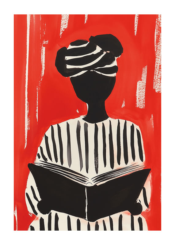 Zwart-wit silhouetmotief met boek, tegen een opvallende rode achtergrond-12