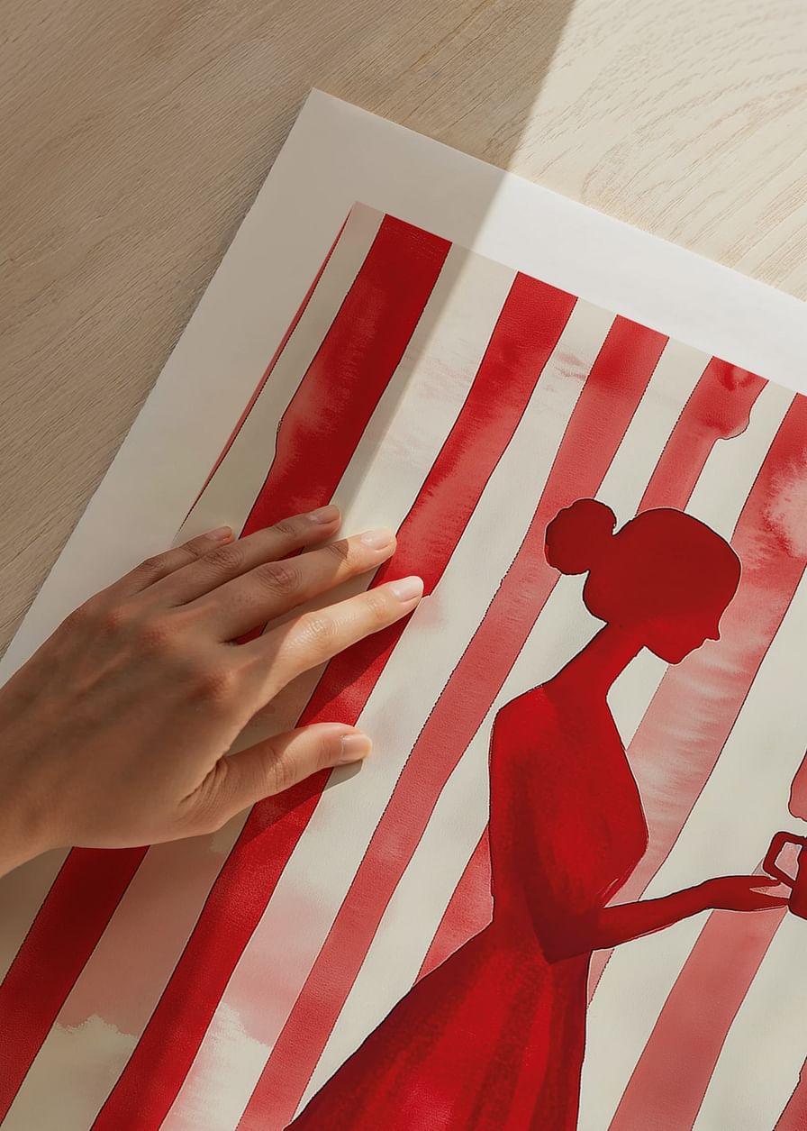 Rood silhouet tegen gestreepte achtergrond geeft minimalistische elegantie-12