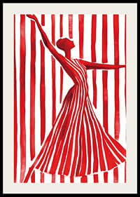 An imaginative dancer in red creates movement and elegance against the lines of the background-2
