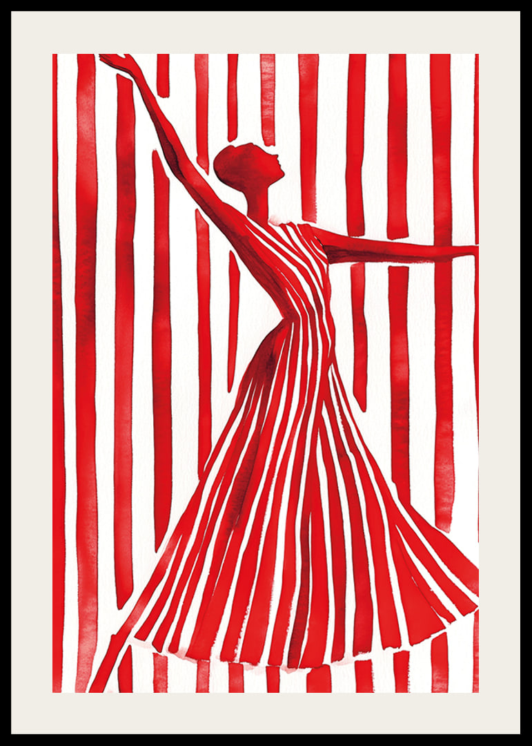 An imaginative dancer in red creates movement and elegance against the lines of the background-12