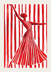 An imaginative dancer in red creates movement and elegance against the lines of the background-3