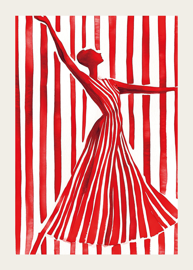 An imaginative dancer in red creates movement and elegance against the lines of the background-12