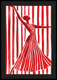 An imaginative dancer in red creates movement and elegance against the lines of the background-4