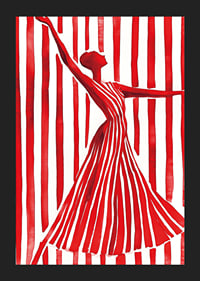An imaginative dancer in red creates movement and elegance against the lines of the background-5