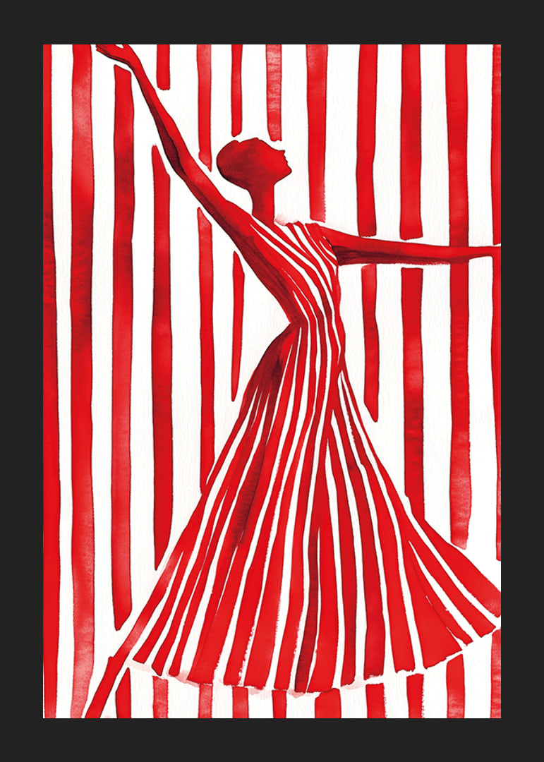 An imaginative dancer in red creates movement and elegance against the lines of the background-12