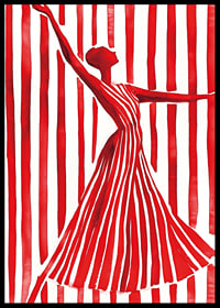 An imaginative dancer in red creates movement and elegance against the lines of the background-6