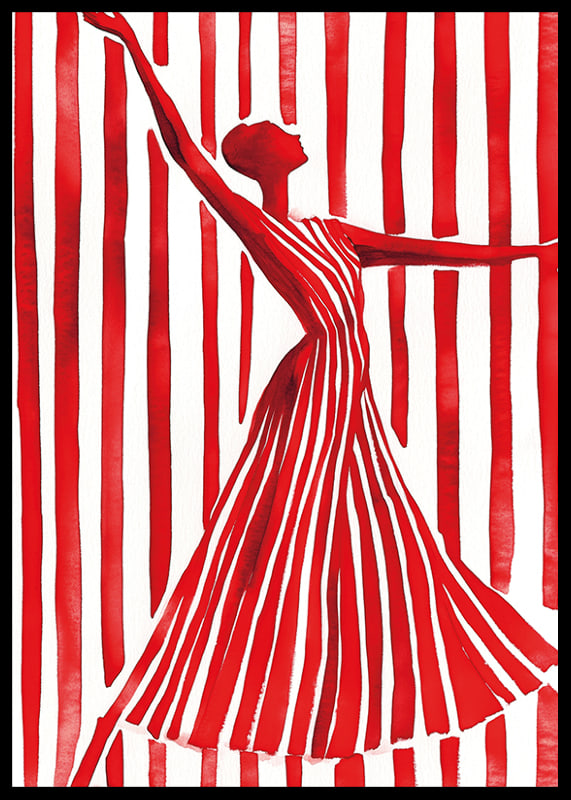 An imaginative dancer in red creates movement and elegance against the lines of the background-12