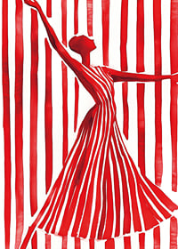 An imaginative dancer in red creates movement and elegance against the lines of the background-7