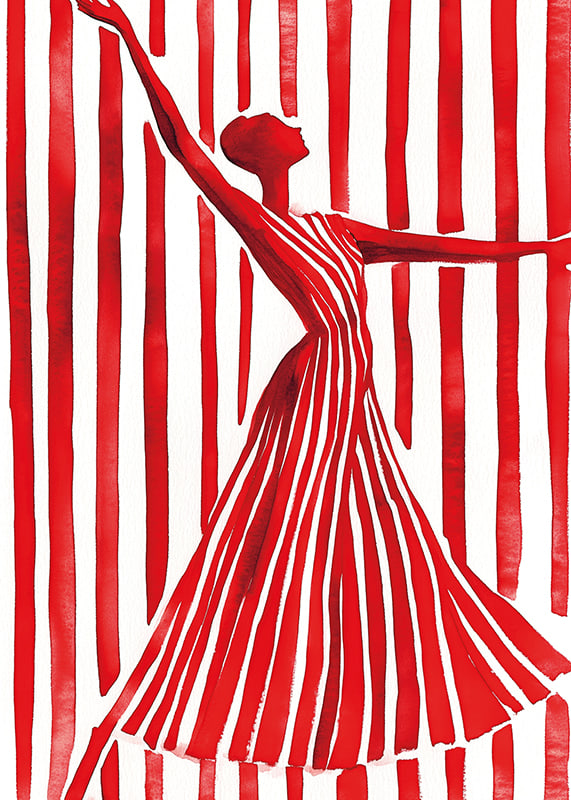 An imaginative dancer in red creates movement and elegance against the lines of the background-12