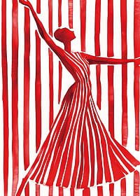 Une danseuse imaginative en rouge crée du mouvement et de l'élégance contre les lignes de l'arrière-plan-3