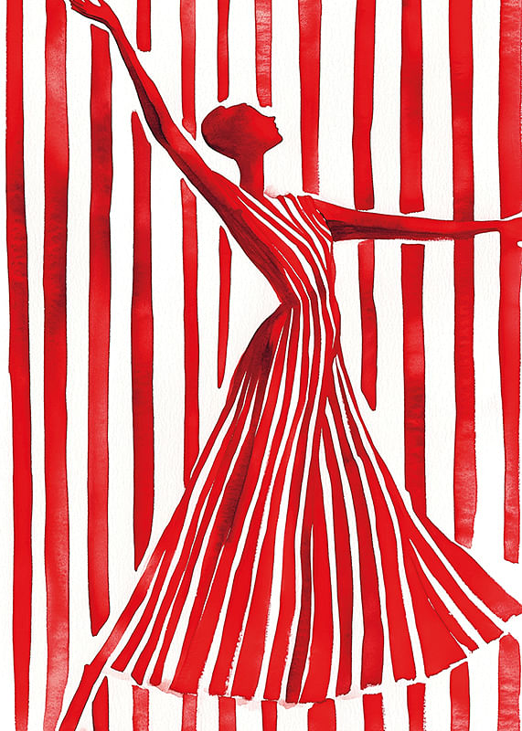 Une danseuse imaginative en rouge crée du mouvement et de l'élégance contre les lignes de l'arrière-plan-12