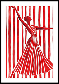 An imaginative dancer in red creates movement and elegance against the lines of the background-0