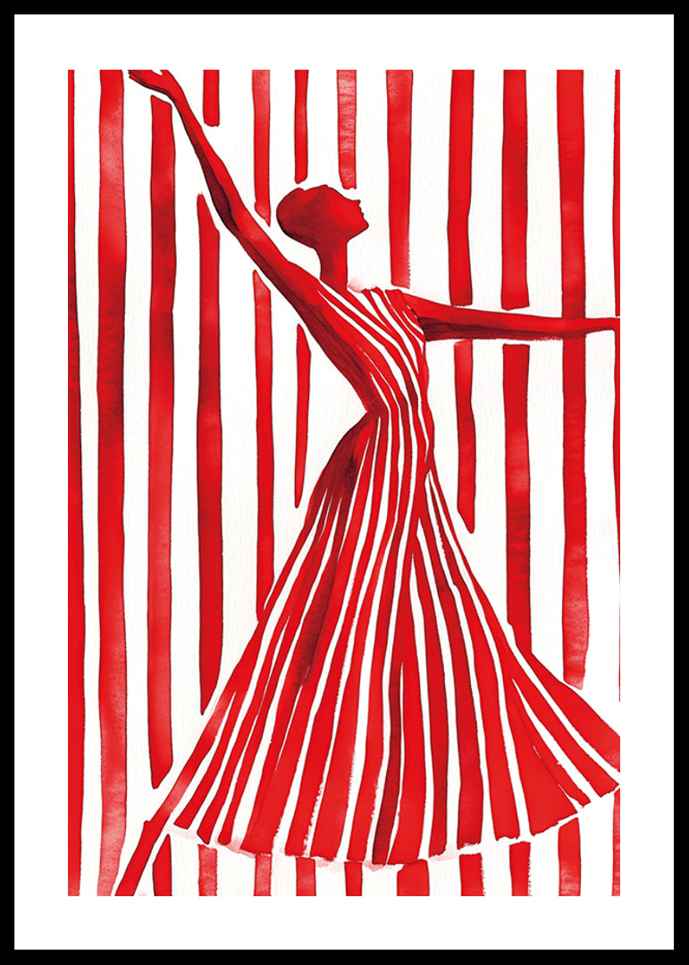 An imaginative dancer in red creates movement and elegance against the lines of the background-12