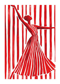 An imaginative dancer in red creates movement and elegance against the lines of the background-1