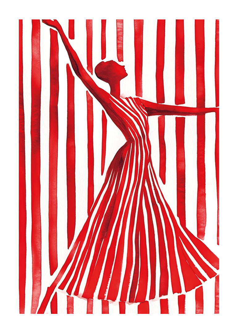 An imaginative dancer in red creates movement and elegance against the lines of the background-12