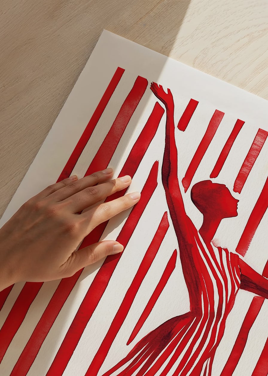 An imaginative dancer in red creates movement and elegance against the lines of the background-12