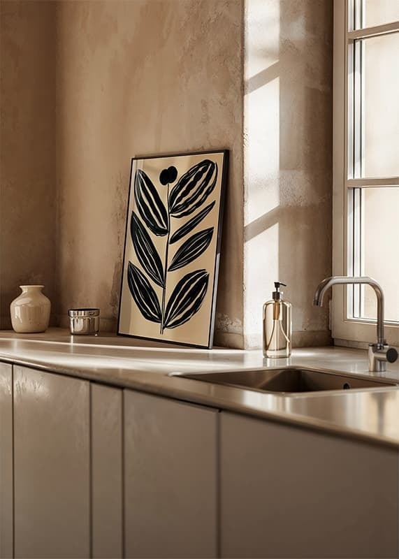 Bold, abstract leaves in dark tones give a modern feel against a beige background-12