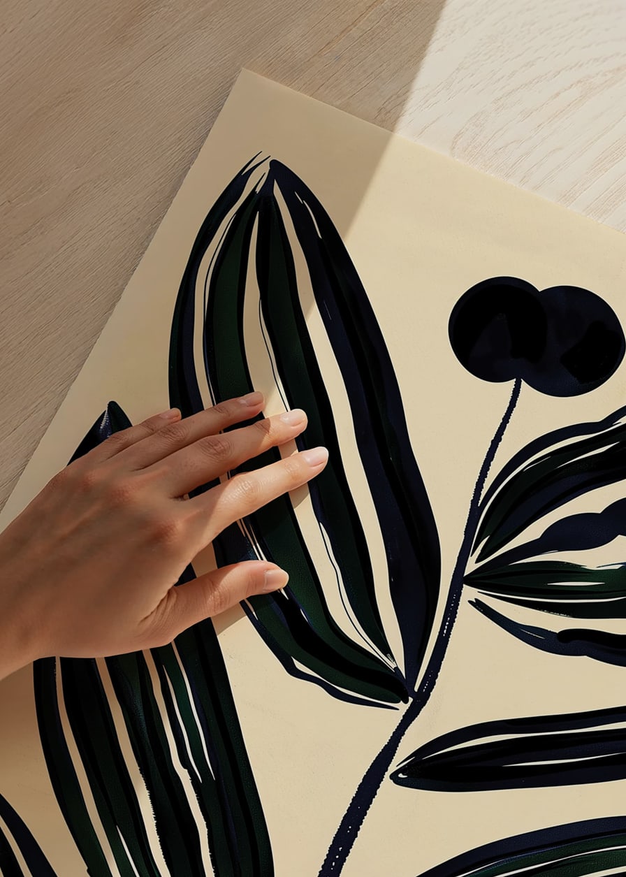 Bold, abstract leaves in dark tones give a modern feel against a beige background-12