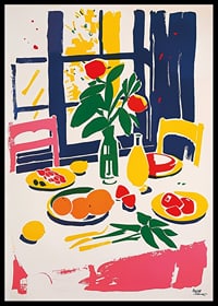 Färgsprakande stilleben med citrusfrukter och blommor ger rummet liv och energi-0