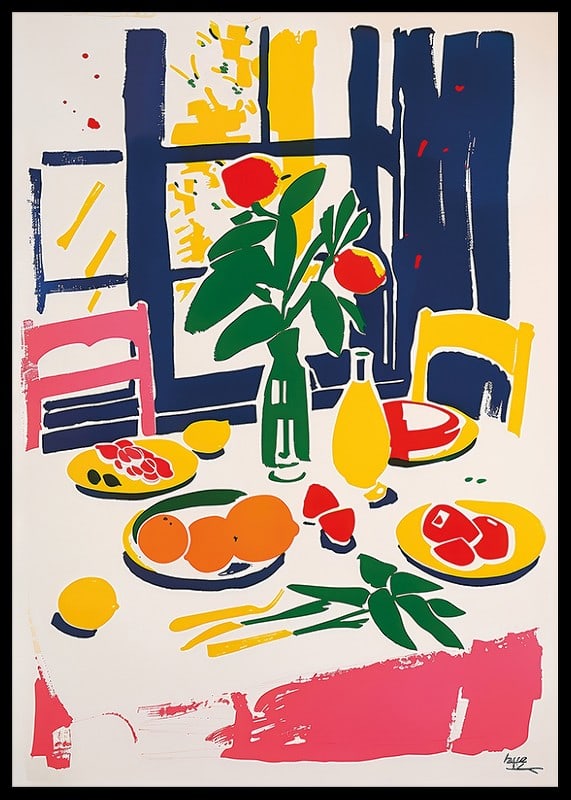 Färgsprakande stilleben med citrusfrukter och blommor ger rummet liv och energi-12