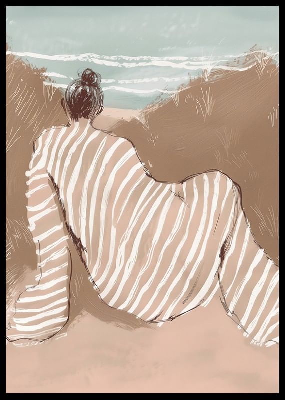 Une silhouette rêveuse contemple les vagues dans des tons doux et chauds-12