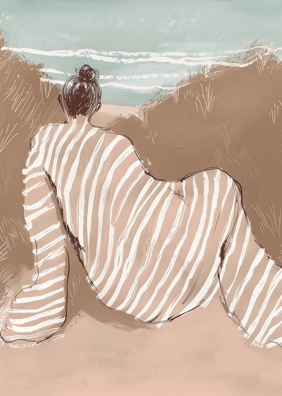 Une silhouette rêveuse contemple les vagues dans des tons doux et chauds-12
