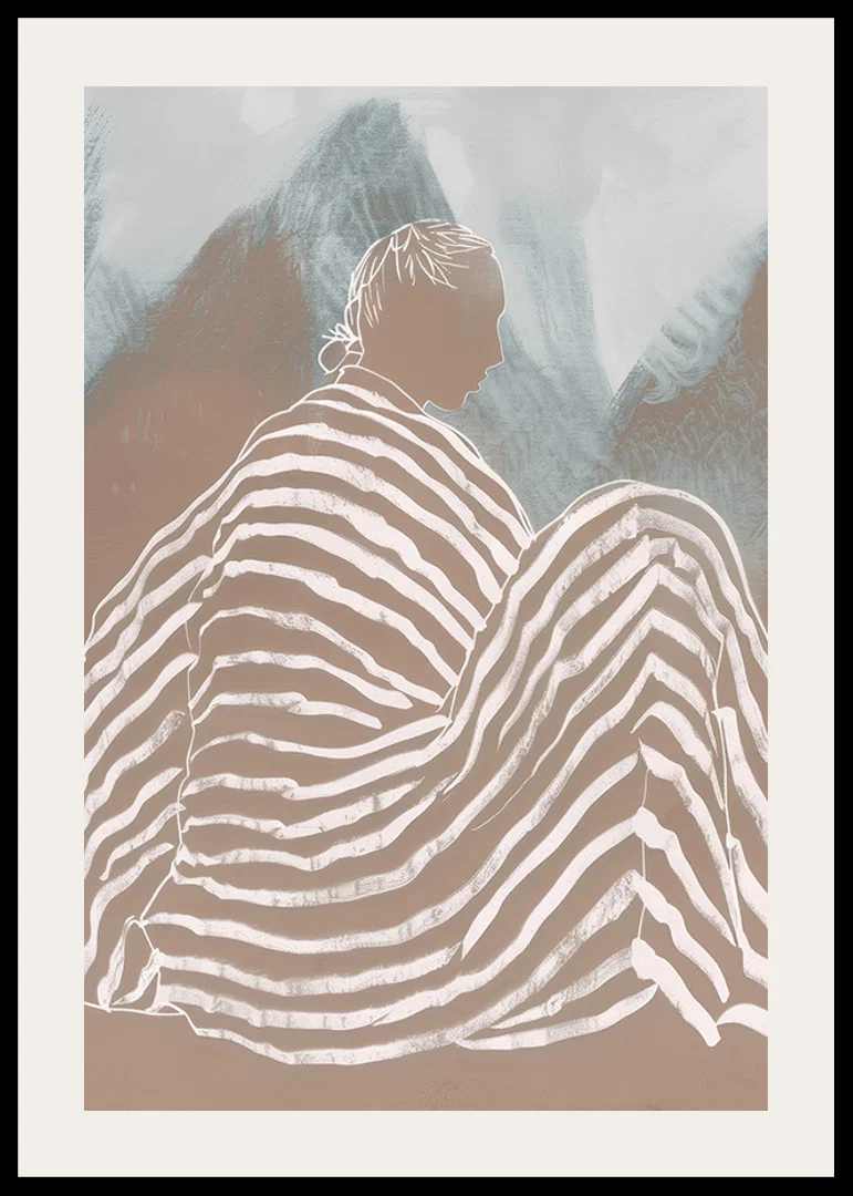 A relaxed figure wrapped in striped fabric against soft mountain tones-12
