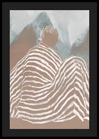 A relaxed figure wrapped in striped fabric against soft mountain tones-4