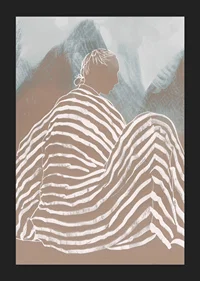 A relaxed figure wrapped in striped fabric against soft mountain tones-5