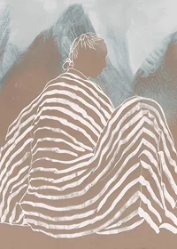 A relaxed figure wrapped in striped fabric against soft mountain tones-7