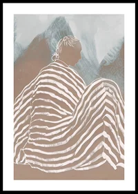 A relaxed figure wrapped in striped fabric against soft mountain tones-0