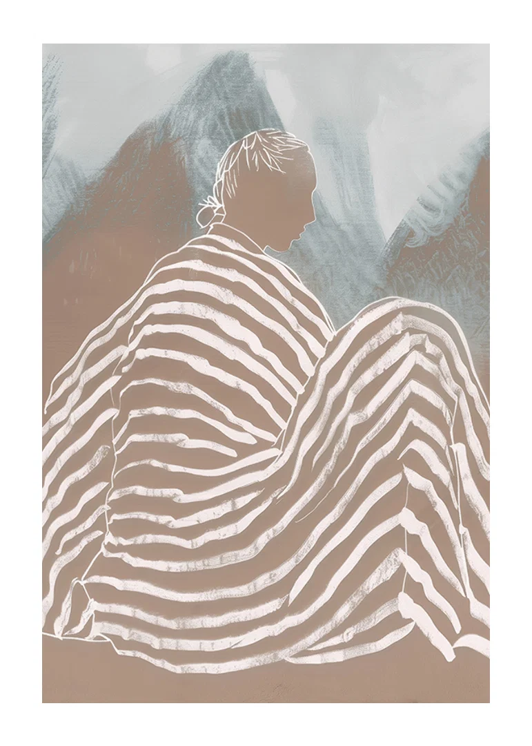 A relaxed figure wrapped in striped fabric against soft mountain tones-12