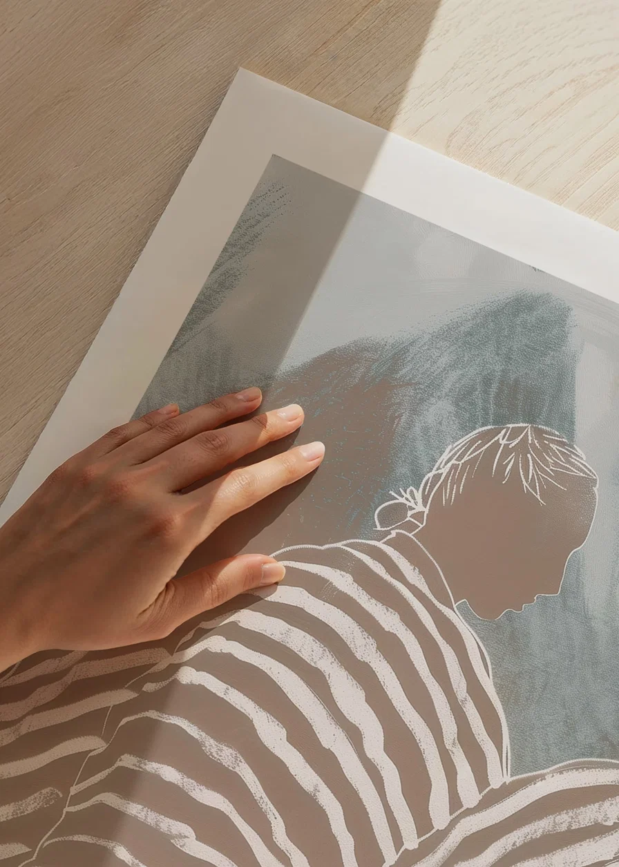 A relaxed figure wrapped in striped fabric against soft mountain tones-12